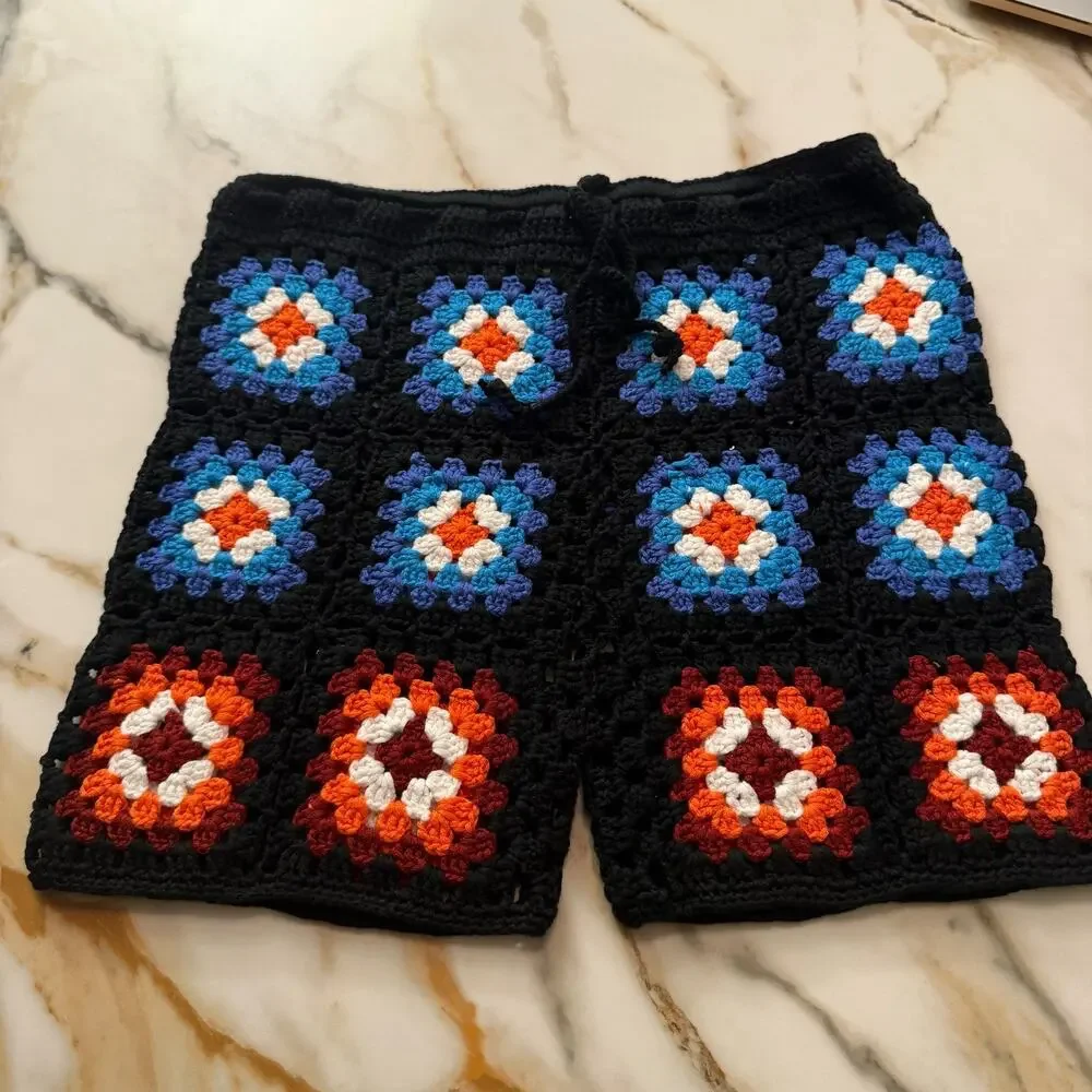 NEW Shein Manfinity RSRT Mens Floral Crochet Drawstring Waist Shorts Black Small
